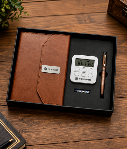 Premium Customized 3-in-1 Diary, Digital Clock & Pen Gift Set