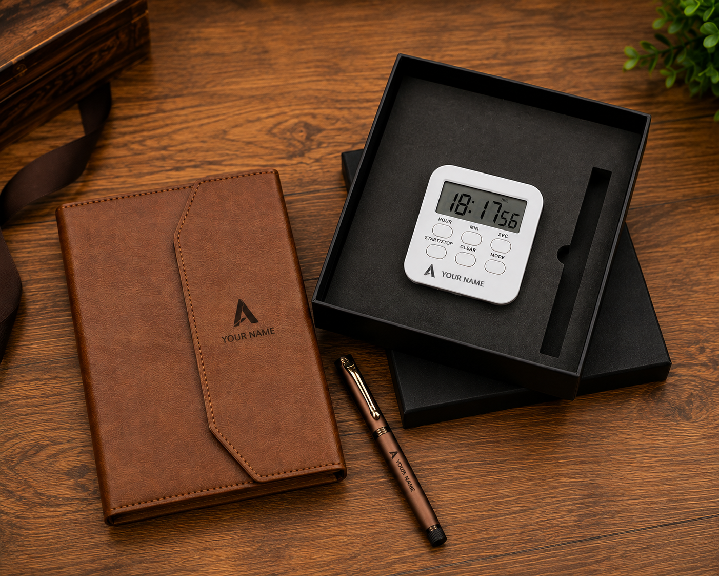 Premium Customized 3-in-1 Diary, Digital Clock & Pen Gift Set