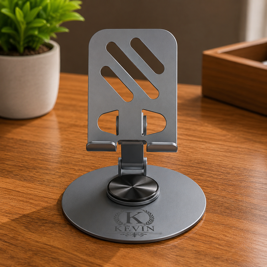 Premium Grey Rotating Mobile Stand with Customized Engraving