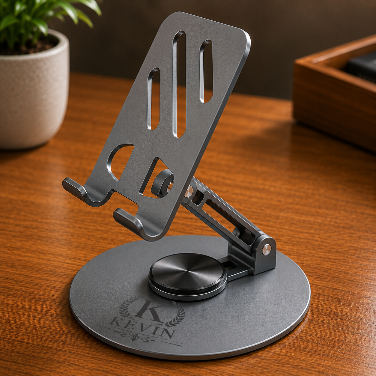 Premium Grey Rotating Mobile Stand with Customized Engraving