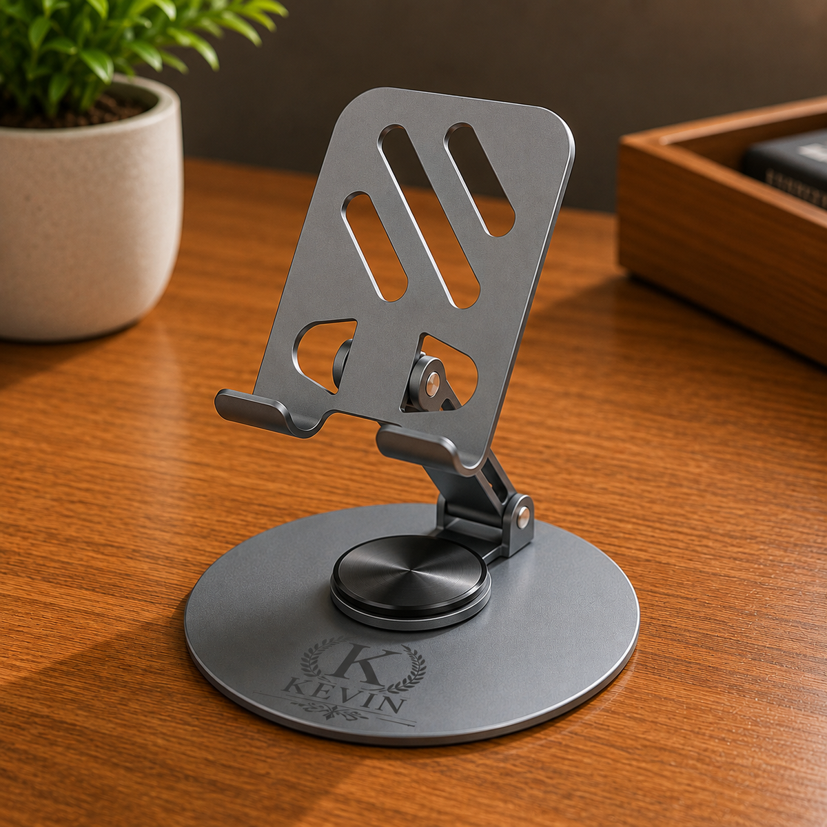 Premium Grey Rotating Mobile Stand with Customized Engraving
